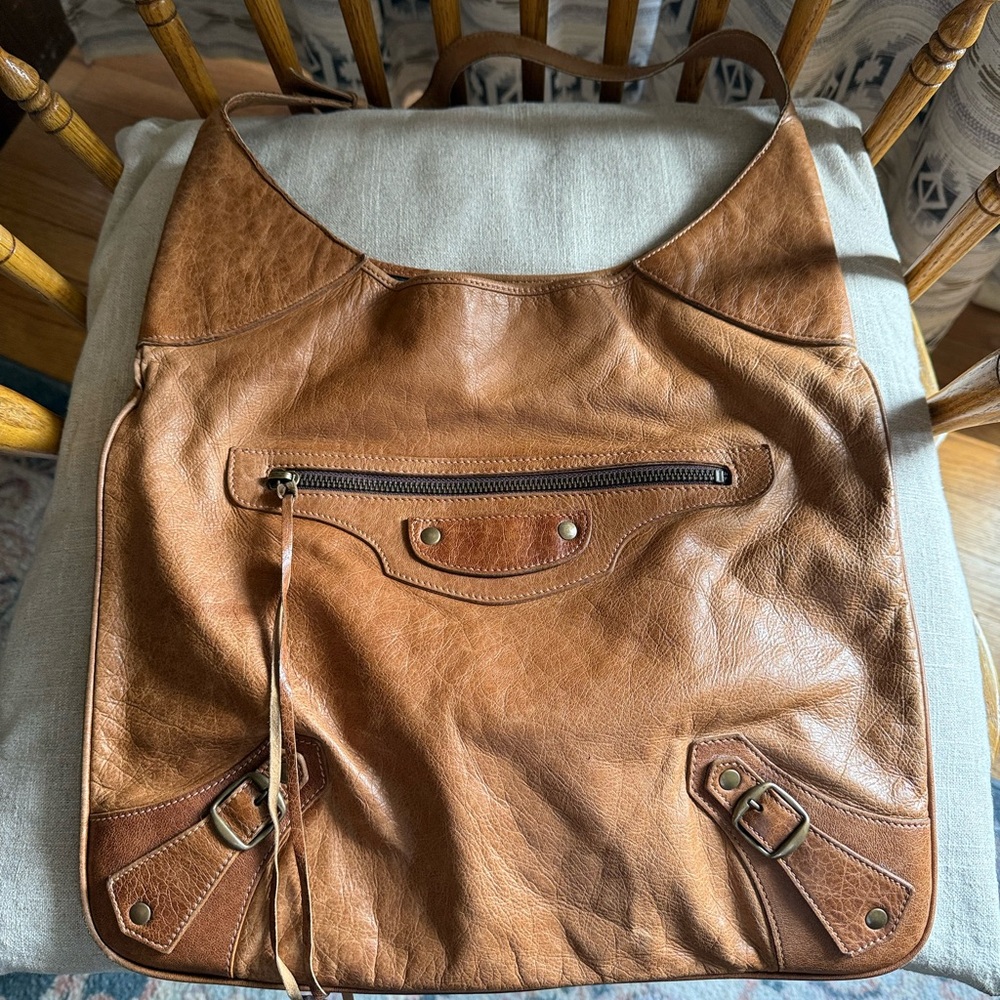 BALENCIAGA S02 Caramel Flat Brass Hobo Moto Bag, Chevre Leather - Rare & HTF